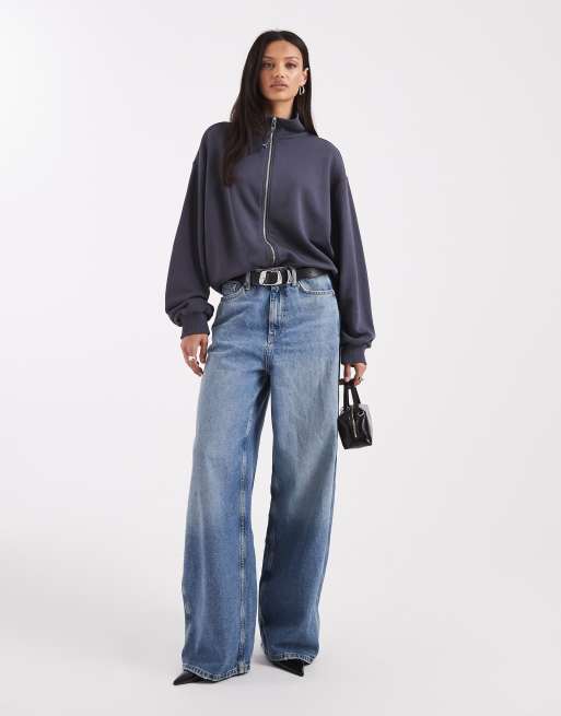 ASOS DESIGN - Wijd sweatshirt met opstaande boord en rits in marineblauw, 2 van 4