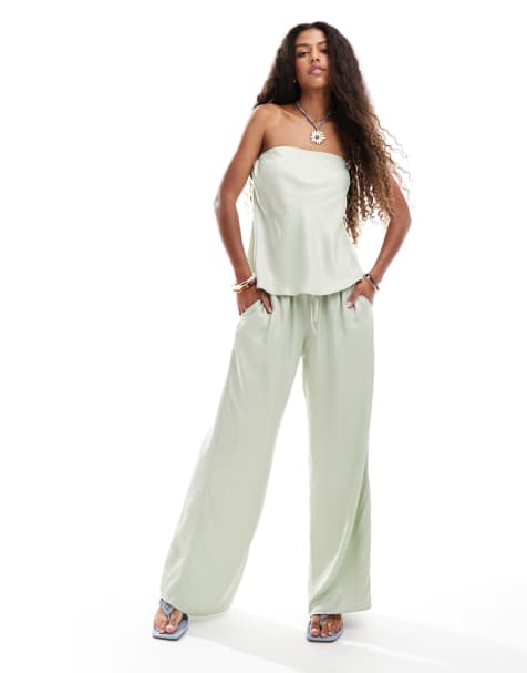 ASOS DESIGN - Wijde broek van satijn met elastische taille in saliegroen, deel van co-ord set - view 1