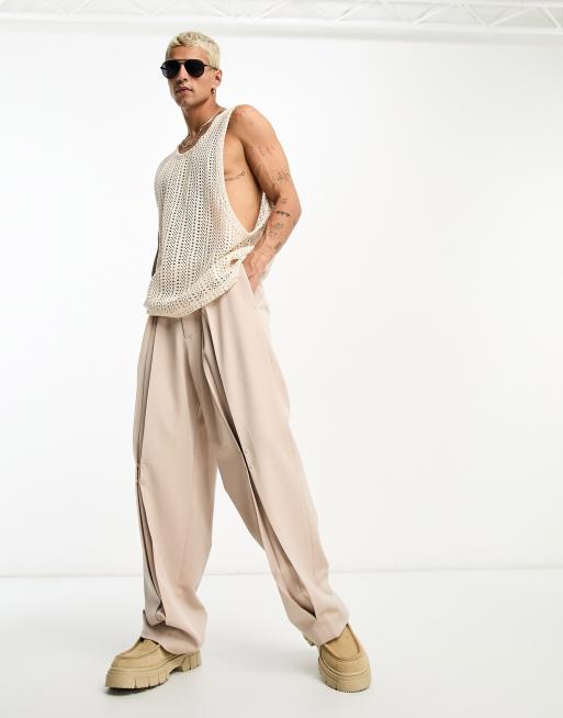 ASOS DESIGN - Wijde nette broek met plooidetail in stone