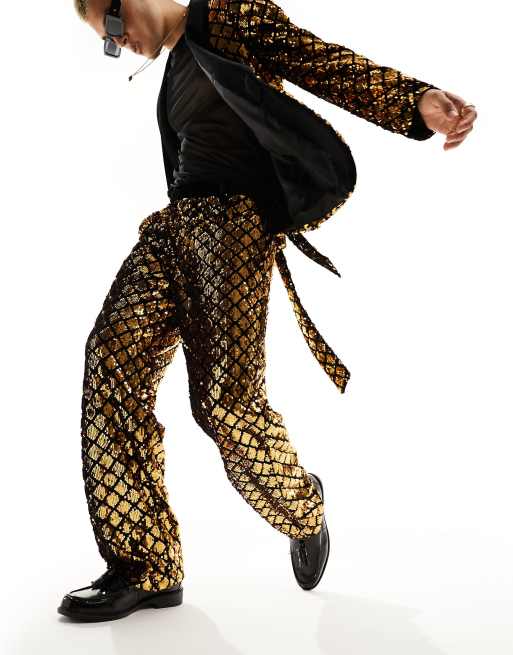 ASOS DESIGN - Wijde pantalon met lovertjes in diamantpatroon in zwart en goud