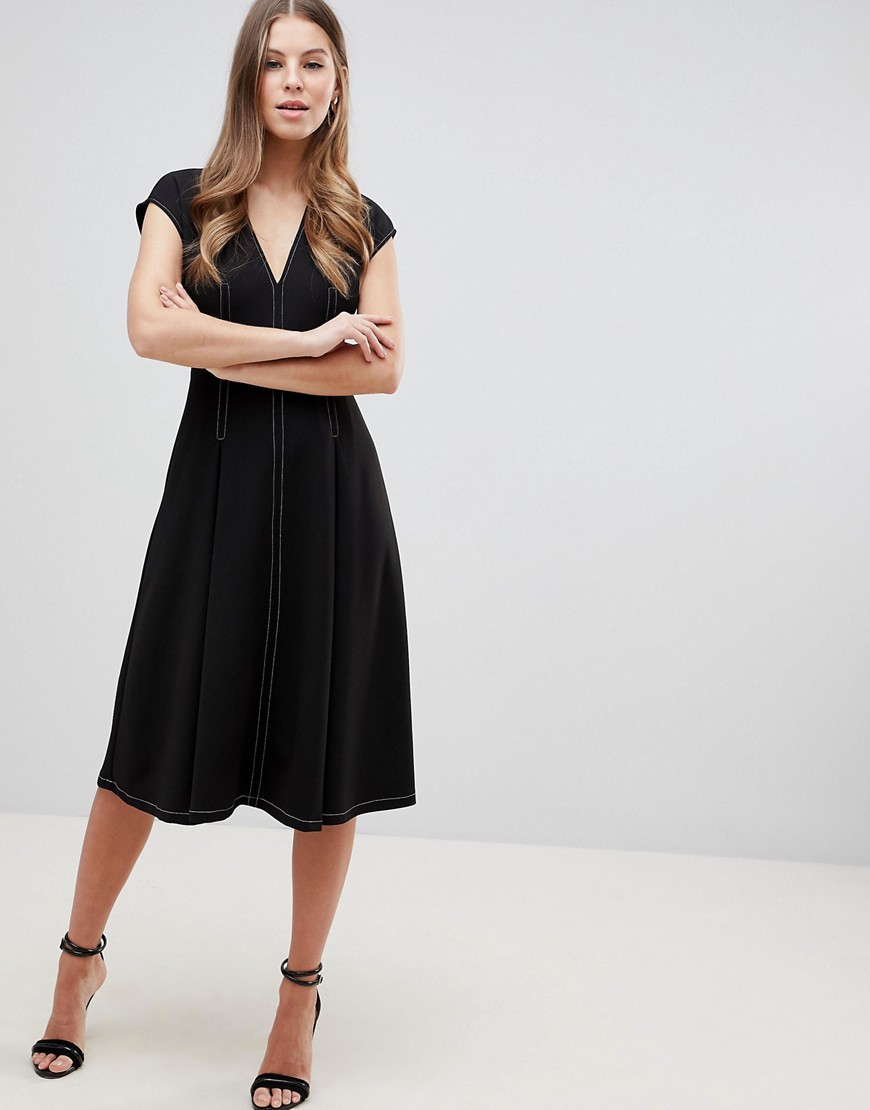 ASOS Design - Wijduitlopende midi-jurk met contraststiksel-Zwart