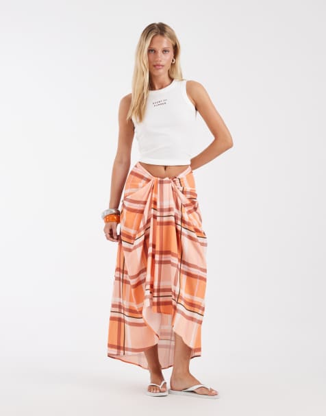 ASOS DESIGN wikkel midi-rok in oranje ruit - view 1