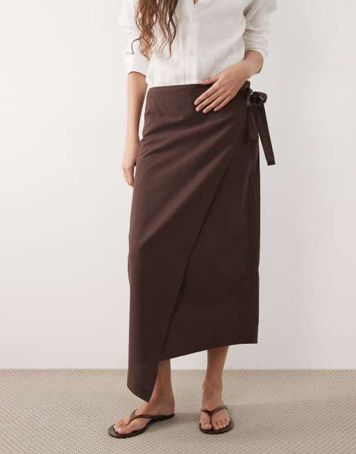 ASOS DESIGN wikkelrok van linnenmix in chocoladebruin co-ord set, 2 van 5