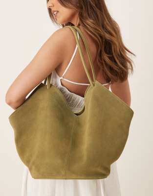 ASOS DESIGN - Wildleder-Tragetasche in Olivgrün mit Henkeln im Schlauchdesign