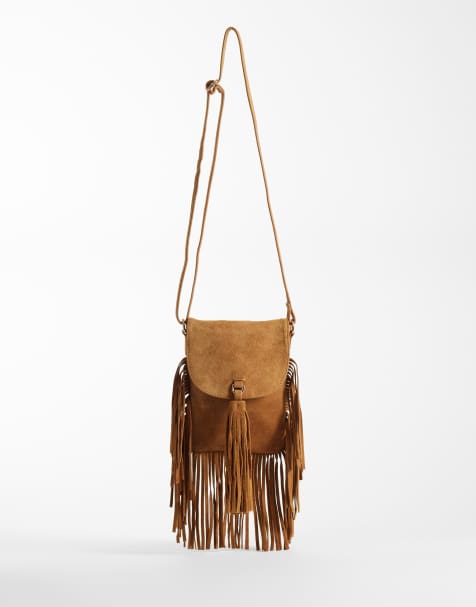 ASOS DESIGN – Wildleder-Umhängetasche in Hellbraun mit Fransen - view 1