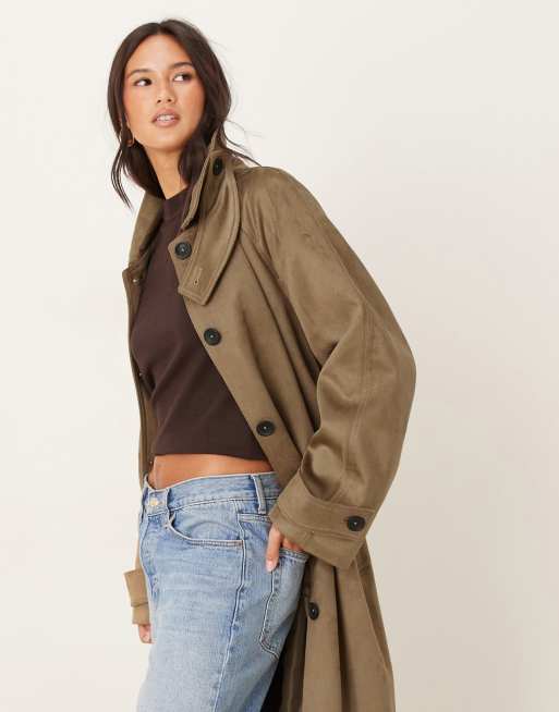 ASOS DESIGN – Wildlederimitat-Trenchcoat in Steinbeige mit Trichterkragen, 2 von 4