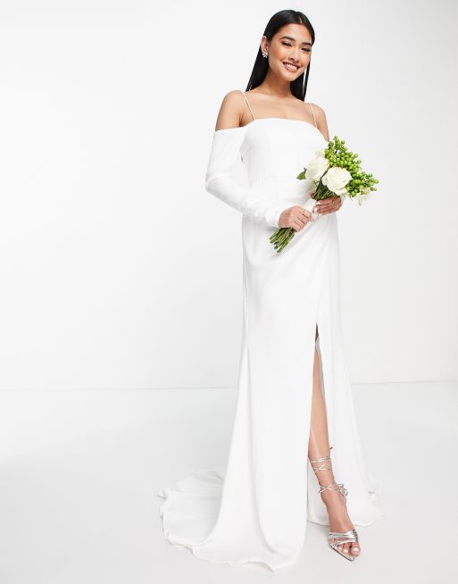 Draped shoulder wedding outlet dress