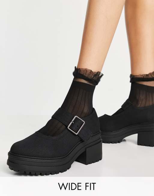 ASOS DESIGN Wilson Mary Jane Schuhe mit mittelhohem Absatz und dicker Sohle in Schwarz weite Passform