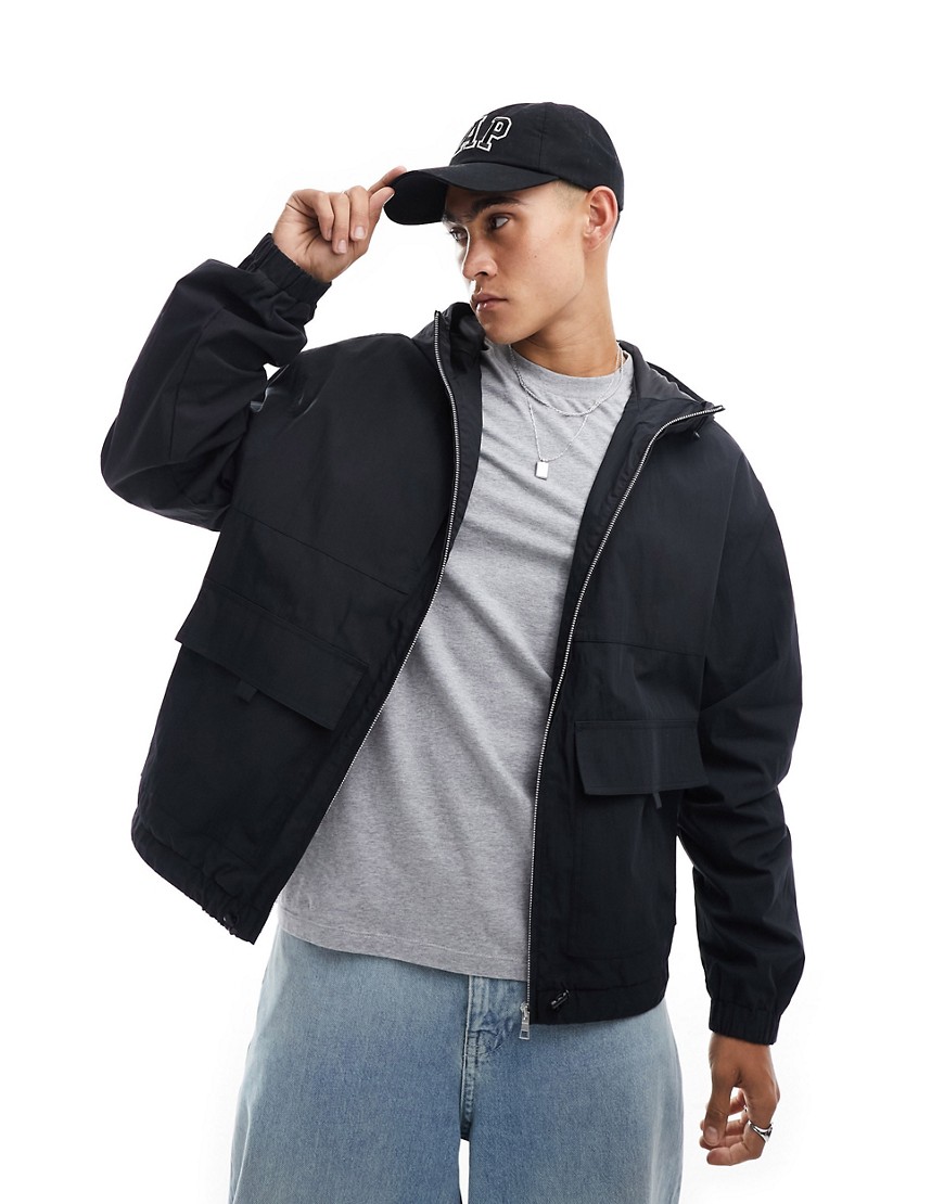 windbreaker jacket with hood in black