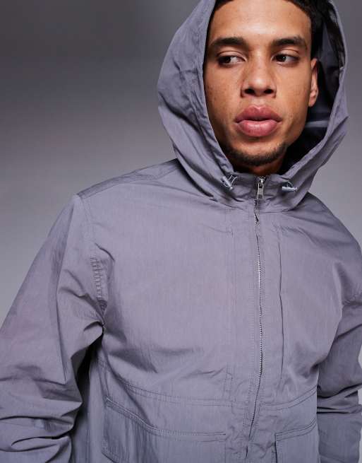 ASOS DESIGN windbreaker jacket with hood in charcoal