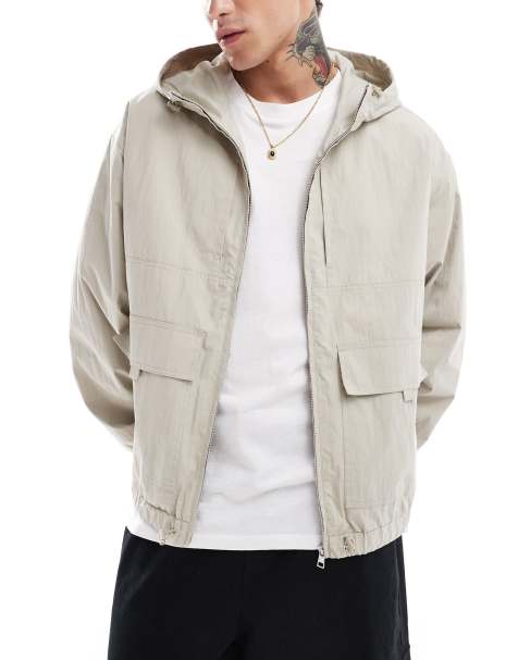 ASOS DESIGN windbreaker jacket with hood in stone - view 1