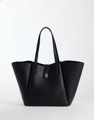 Asos Design Winged Tote Bag With Lock Detail In Black