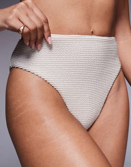 ASOS DESIGN Winter crinkle high leg high waist bikini bottoms in metallic cream, 3 of 4