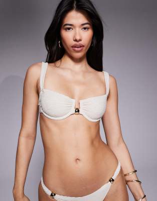 Asos Design Winter Crinkle Underwire Balcony Bikini Top With Hardware In Neutral