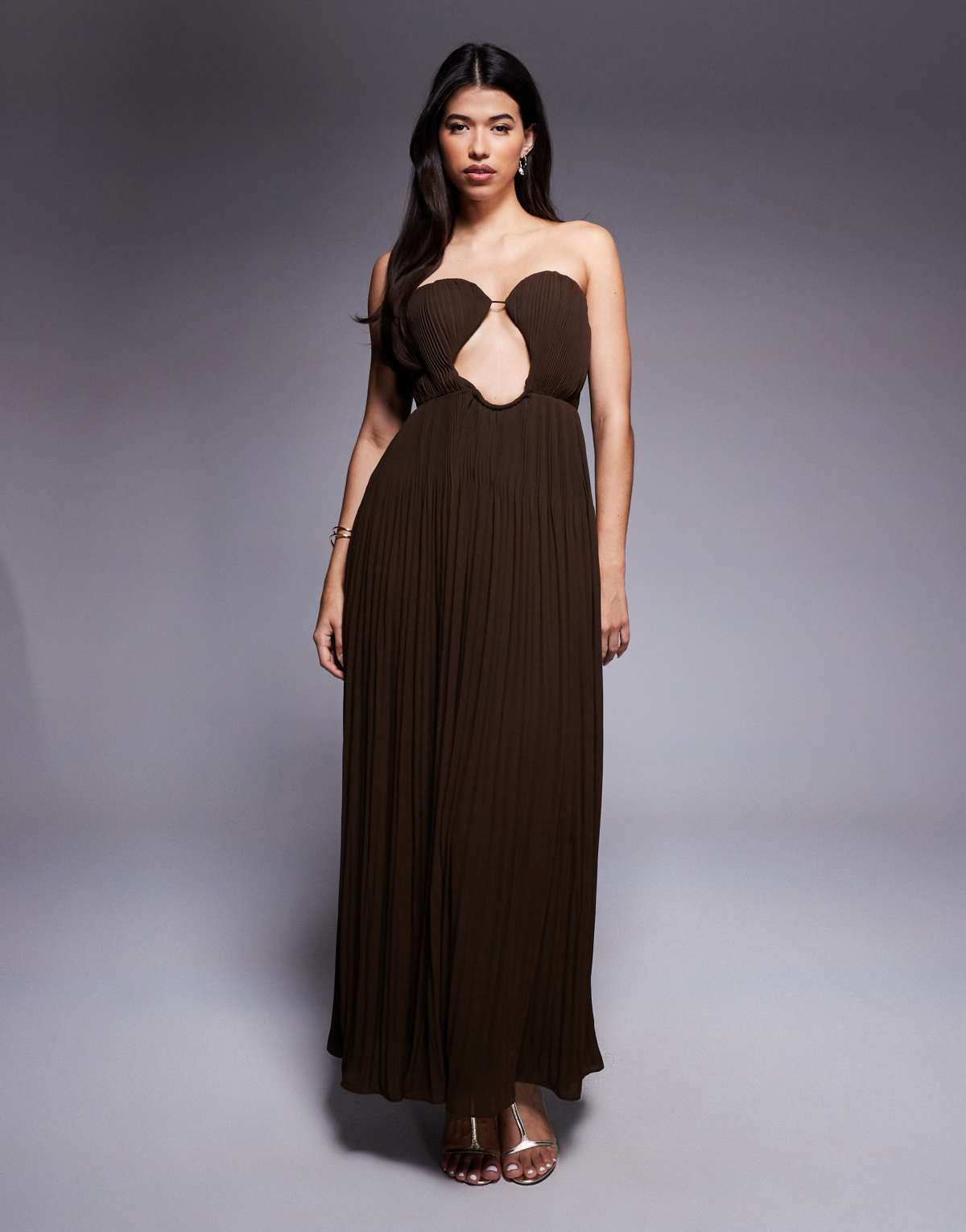 ASOS DESIGN wired bandeau cutout elevated maxi dress with full skirt in chocolate