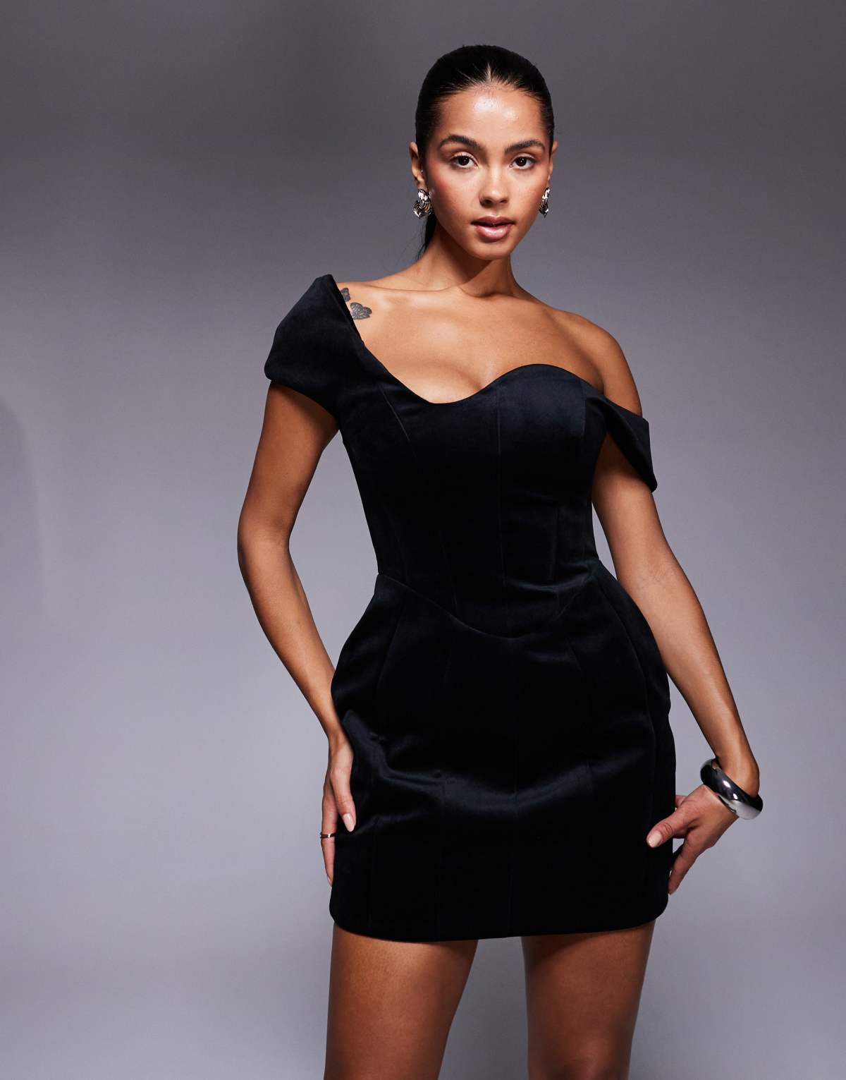 ASOS DESIGN wired neckline bardot mini dress with tulip hip in black