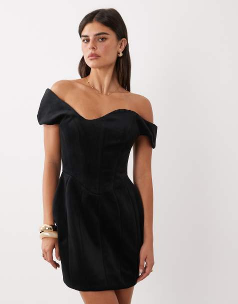ASOS DESIGN wired neckline bardot velvet mini dress with tulip hip in black - view 1