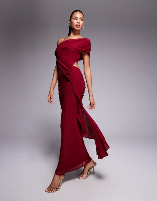 ASOS DESIGN – Wiśniowa siateczkowa sukienka midi z odsłoniętym ramieniem, marszczeniem i szarfą z falbanką