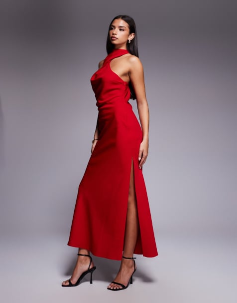 ASOS DESIGN twist neck midi dress with hardware trim in cherry red