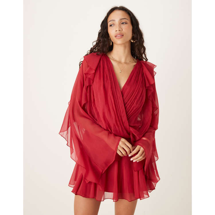 ASOS DESIGN – Wiśniowoczerwona sukienka mini z falbankami na