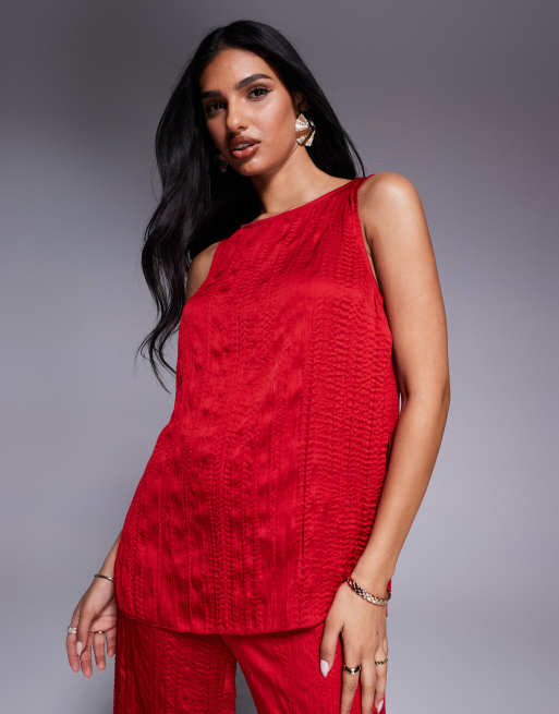 ASOS DESIGN – Wiśniowoczerwony top bez rękawów z marszczonej satyny z dekoltem w łódkę, część zestawu