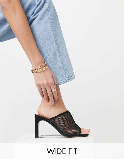 ASOS DESIGN - Wisteria - Mesh muiltjes met hak en brede pasvorm in zwart