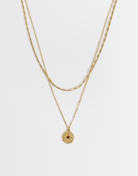 ASOS DESIGN wodoodporny naszyjnik z zawieszką monetą i łańcuszkiem, 2-pack, ze stali nierdzewnej i sztucznego kamienia tygrysie oko, złoty - view 1
