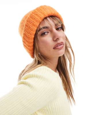 ASOS DESIGN - Wollmix-Strickmütze in Orange mit doppeltem Umschlag