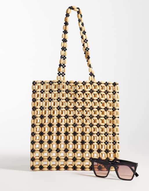 ASOS DESIGN wood look beaded tote bag, 2 of 4