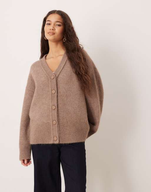 ASOS DESIGN wool and alpaca boyfriend cardigan in mushroom, 2 of 4