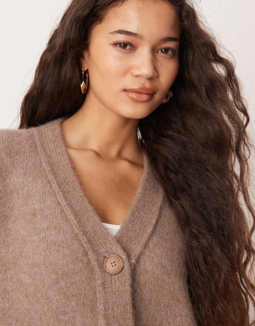 ASOS DESIGN wool and alpaca boyfriend cardigan in mushroom, 3 of 4