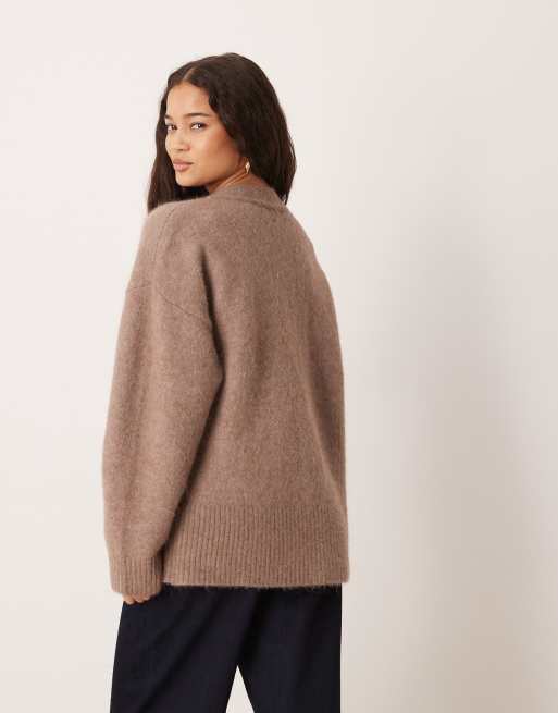 ASOS DESIGN wool and alpaca boyfriend cardigan in mushroom, 4 of 4