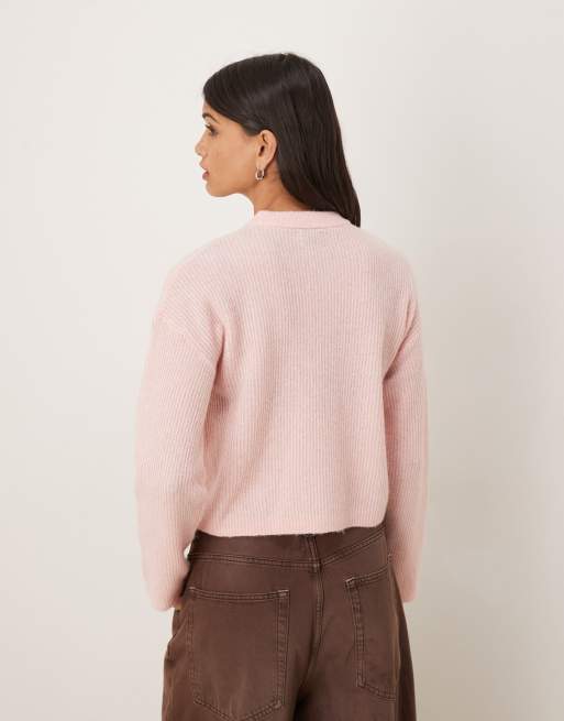ASOS DESIGN wool and alpaca relaxed cardigan in pink, 3 of 4