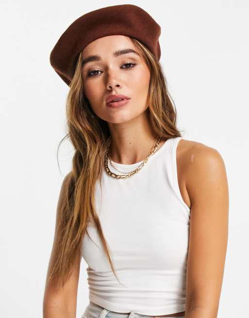 Asos Design Wool Beret In Dark Brown Asos