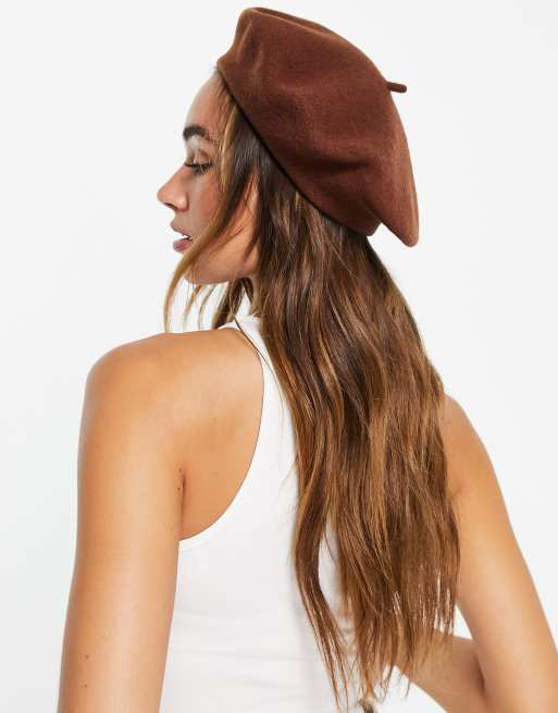 ASOS DESIGN wool beret in dark brown , 2 of 4