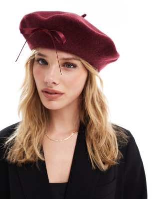 wool beret with burgundy bow-Red