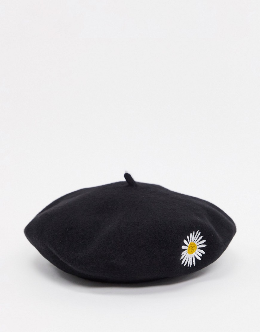 ASOS DESIGN wool beret with daisy embroidery in black