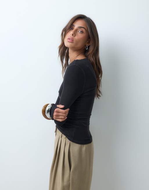 ASOS DESIGN wool blend boat neck long sleeve top in black, 3 of 5