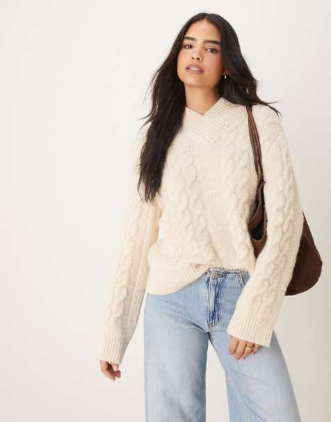 ASOS DESIGN wool blend cable knit jumper with high v in ecru - view 1