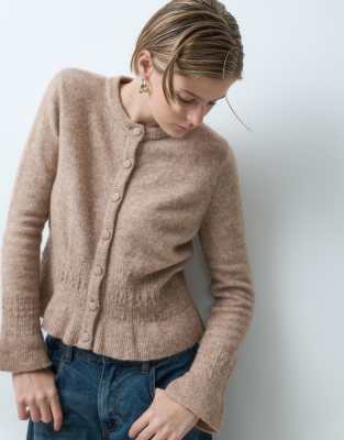 Asos Design Wool Blend Cinched Waist Cardigan With Balloon Sleeves In Neutral
