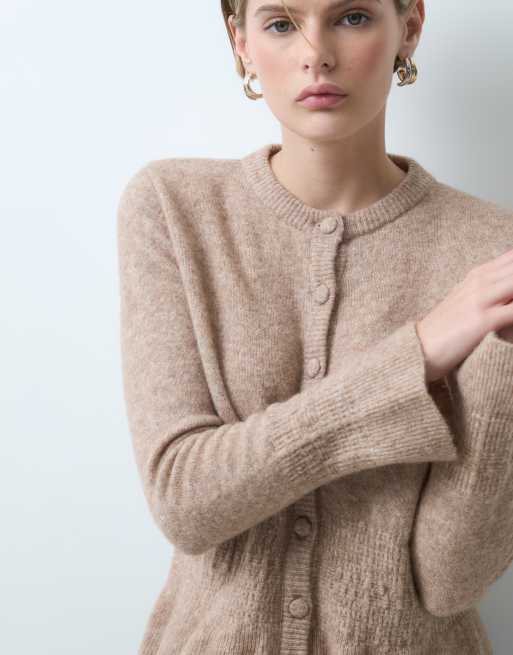 ASOS DESIGN wool blend cinched waist cardigan with long sleeves in mocha, 3 of 5