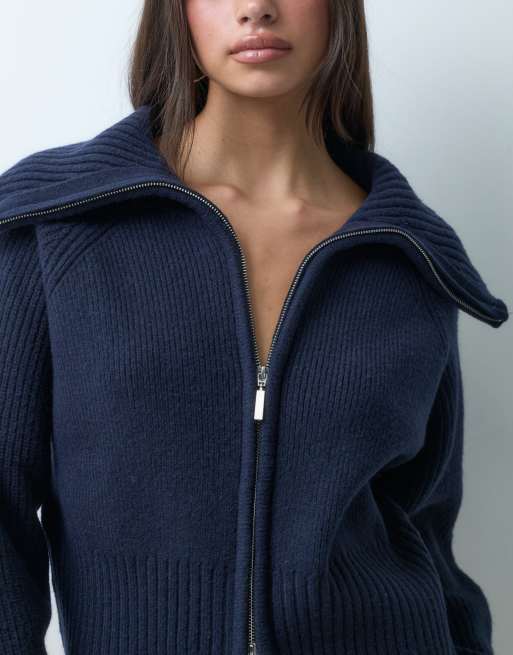 ASOS DESIGN wool blend clean waisted zip through jumper in navy, 3 of 5