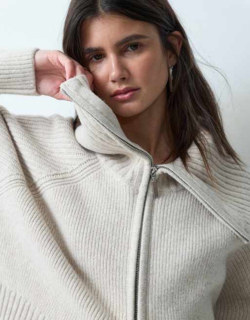 ASOS DESIGN wool blend clean waisted zip through jumper in oatmeal, 4 of 4
