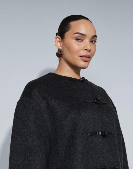 ASOS DESIGN wool blend collarless jacket with frog closure trim in charcoal, 3 of 4