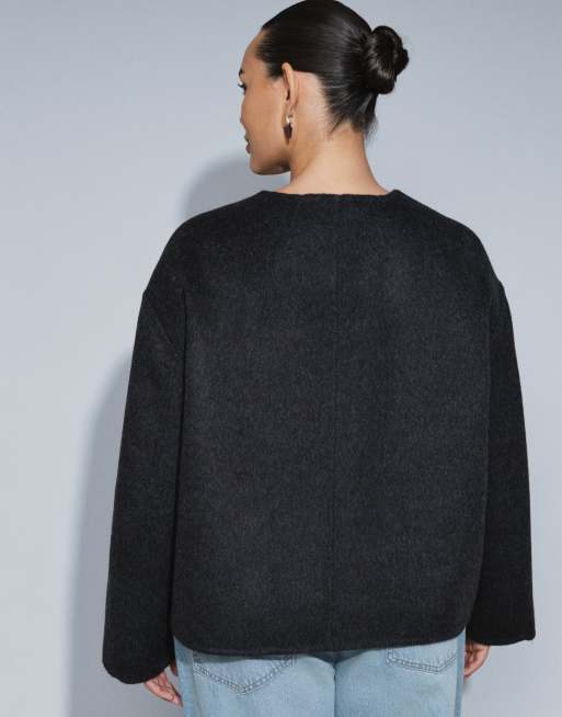 ASOS DESIGN wool blend collarless jacket with frog closure trims in charcoal, 4 of 4