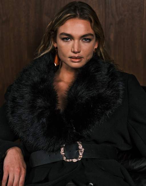 ASOS DESIGN wool blend dad coat with faux fur collar in black