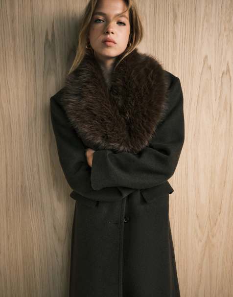 ASOS DESIGN wool blend dad coat with faux fur collar in chocolate - view 1