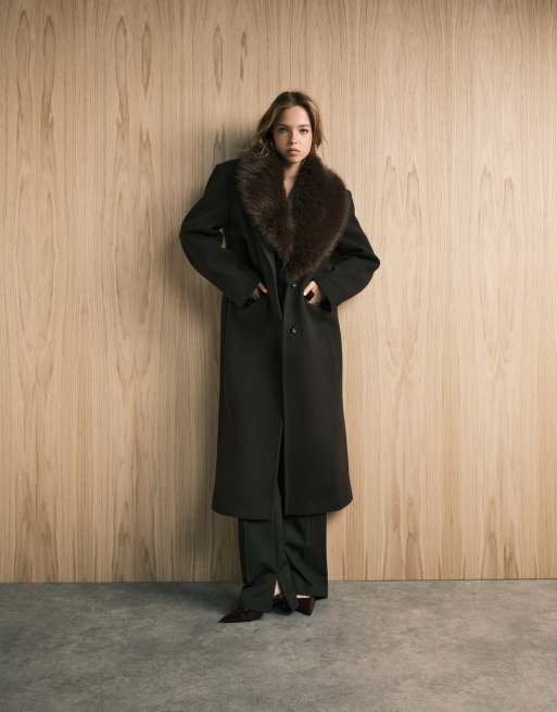ASOS DESIGN wool blend dad coat with faux fur collar in chocolate