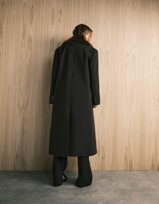 ASOS DESIGN wool blend dad coat with faux fur collar in chocolate