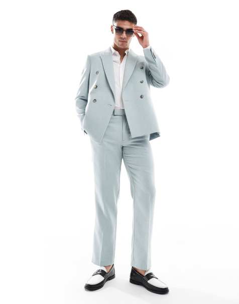 ASOS DESIGN wool blend double breasted regular suit in light blue basketweave - view 1